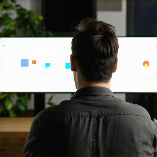 Marketer analyzing local SEO metrics on computer screens in a modern office