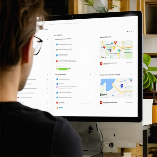 Business owner reviewing local SEO analytics on a computer, showing local search results.