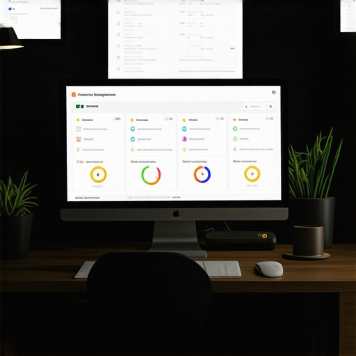Workspace with computer monitors displaying local SEO tools for citation, reviews, and rank tracking.