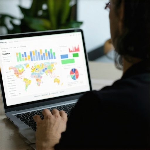 Person analyzing local SEO data on a laptop, with charts and maps showing rankings.