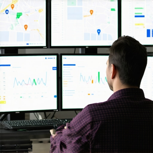 Digital Tools for Local SEO Maintenance Person reviewing local SEO analytics on computer screens, emphasizing software tools used for long-term map pack health.