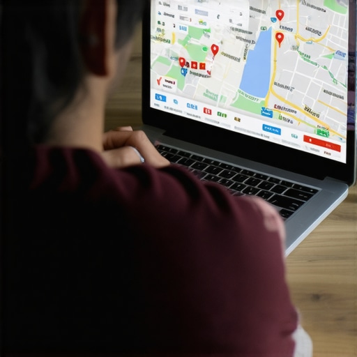 Person reviewing business location and listings data on a laptop with maps and analytics