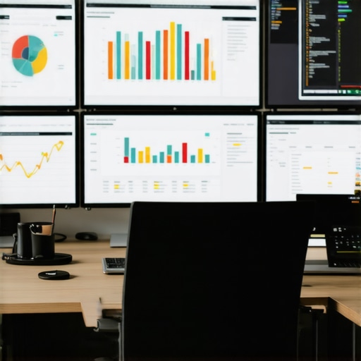 Digital marketer managing local SEO tools Workspace with screens displaying SEO monitoring tools and citation management software