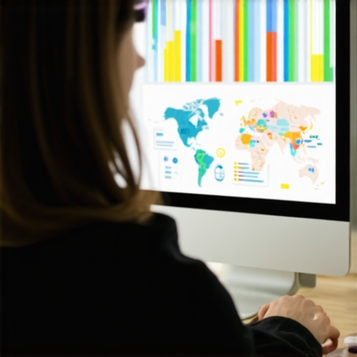 Person reviewing SEO metrics on a laptop with maps and charts