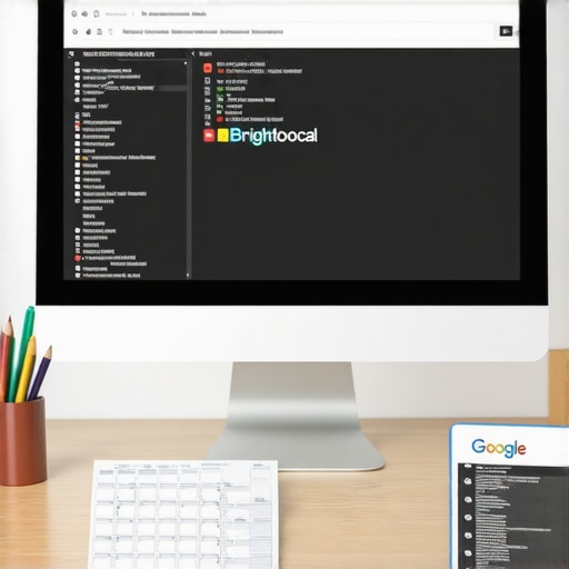 SEO Tools Workspace A desk with computer screen displaying SEO analytics, planner, and checklist for local SEO maintenance.