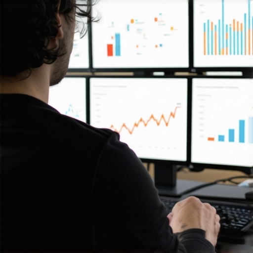 Digital marketer reviewing SEO analytics on multiple screens showing rankings and visibility metrics