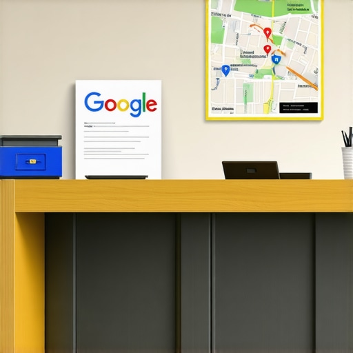 A professional office space with a branded sign and a digital map showing the business location.
