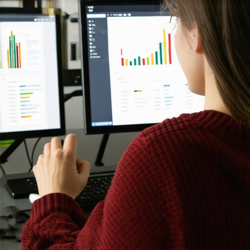 A person analyzing local SEO metrics on computer screens with dashboards and graphs.