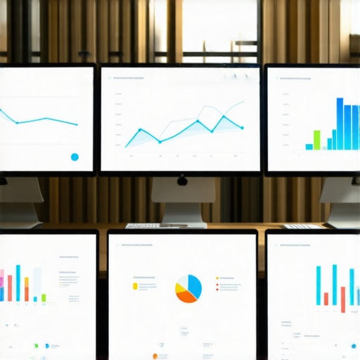 Business owner analyzing local SEO metrics on computer screens.